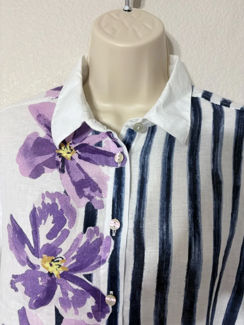 Chico’s Button-Down Linen Shirt with Purple Floral & Navy Stripe Roll Tab Sleeve - Picture 6 of 15